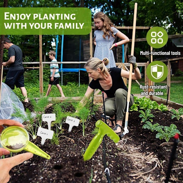 1 stk. løkplanter med spiss, løkplanter for hagearbeid, løkplanterverktøy med måling, 1 plantekasse + 10 etiketter