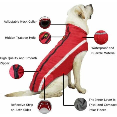 Vattentät hundjacka – Varm vinterjacka i polyester – Fleece-foder – Reflexband – Hål för sele – Röd