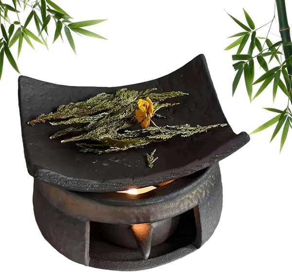 Cedar Zen Røgelsesbrænder & Keramisk Tevarmer Sæt - Håndlavet Aromaterapi Olie Diffuser, Multifunktionelt Pottevarmer Sæt