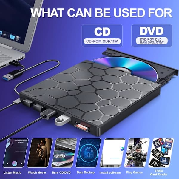 Eksternt CD/DVD-drev, 8 i 1 USB 3.0 Ultra-slankt bærbart, CD-brænder eksternt diskdrev (sort)