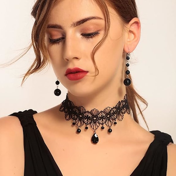 Svart Blonde Choker Halskjede Krystallperler Anheng Halskjeder Gotisk Hul Blomst Choker Smykketilbehør for Kvinner og Jenter