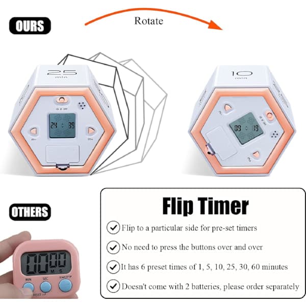 Sekskantet flipptimer med stille- og alarmfunksjon. Enkel å bruke. Pomodoro-timer og klassetimer - hvit.
