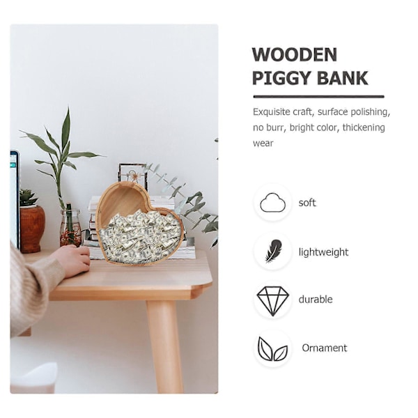 Träspargris Hjärtformad Myntbank Present till Barn Pojkar Flickor Vuxna