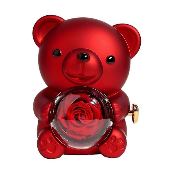 Konserverad Ros Nallebjörn Gåva med Hjärthalsband Roterbar Evig Blomma Björn Presentförpackning Fru Mamma Red