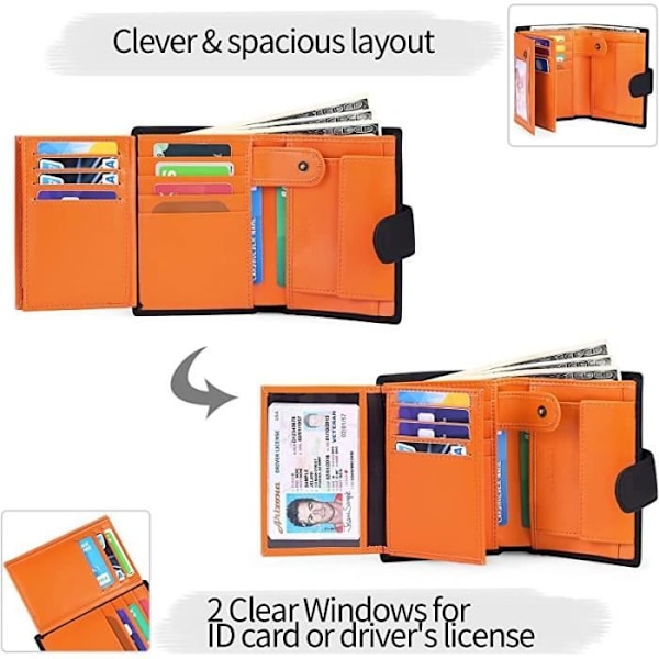 Læder Trifold Herre Pung - RFID-blokering - 19 Rum - SORT MED ORANGE