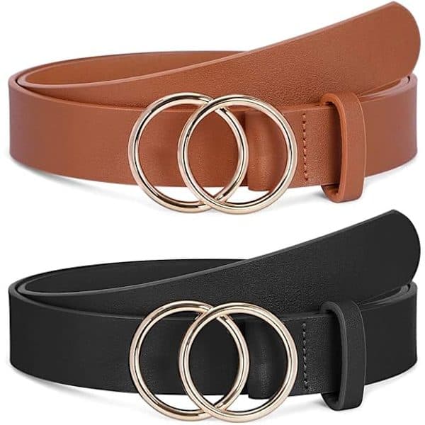 2-pack damaxelrem i konstläder, jeansbälte med dubbla O-ringar