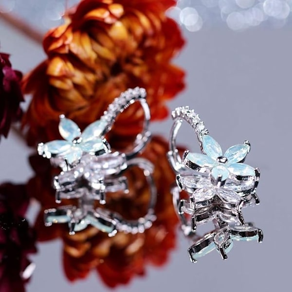 Øredobber for kvinner Sølv øredobber med blomst Cubic Zirconia Krystall Clip on Øredobber for kvinner Jenter 3A Zirkon Øredobber Elegante damer