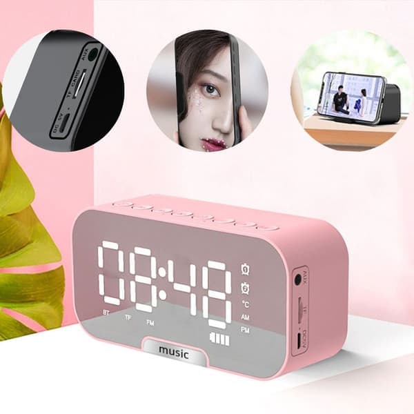 Langaton Bluetooth-kaiutinpeilikello Mini-herätyskello Pinkki