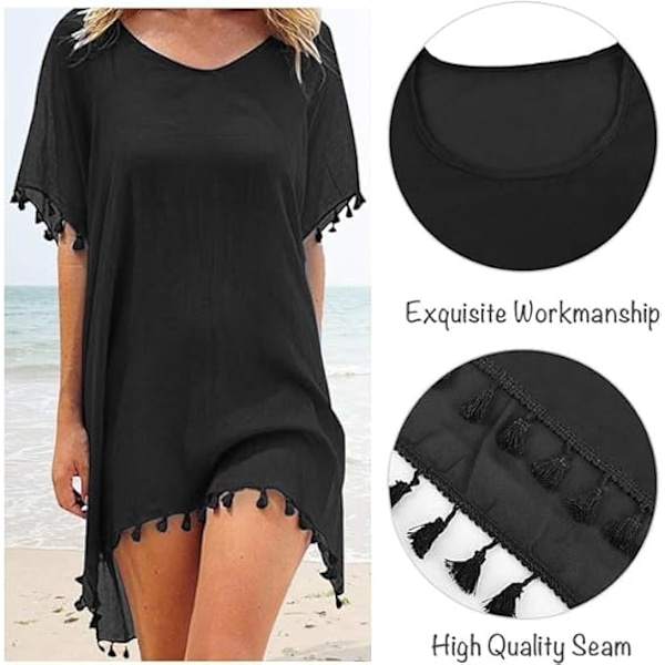 Chiffong Strandkläder Kvinnor Strand Bikini Överdrag Tofs Strandklänning V-ringad Baddräkt Sommar Casual Baddräkt Black