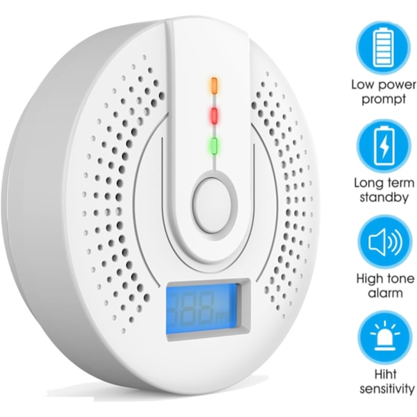 Kolmonoxidlarm, CO-detektor med LED-display (AA-batteri INGÅR EJ)
