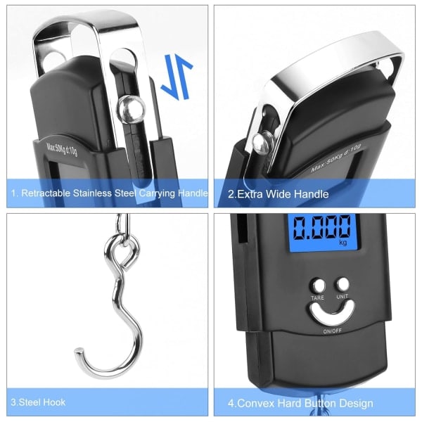 Bärbar våg, 110LB/50KG Digital Bagagevåg med krok Fiskvåg med bakgrundsbelyst LCD-skärm Digital våg för Live Shopping Utomhus