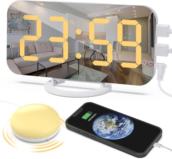 Extra Hög Vibrerande Väckarklocka, Digital Väckarklocka med Sängvibrator, Stor Display, USB-laddare, Digital Hög Elektronisk Klocka Vit White
