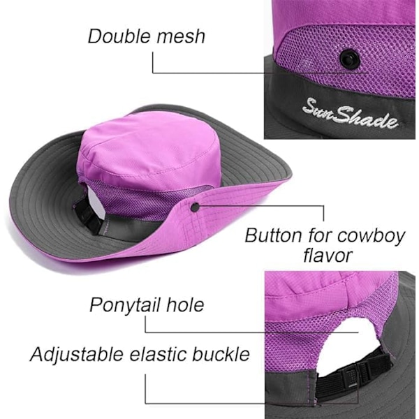 Sommarhatt för kvinnor, bredbrättad meshkeps, utomhusfiskehattar, UV-skydd, strandhatt för kvinnor Purple
