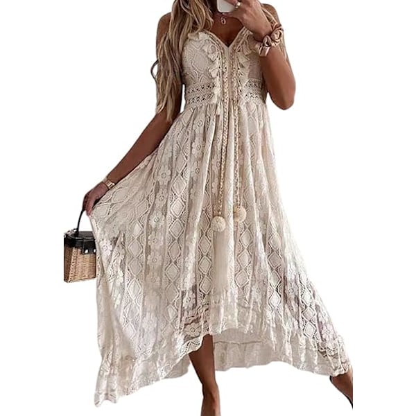 Sommer Slip Boho Maxikjole for Kvinner Snøring Dusk V-Hals Flare Ruffle Strandkjoler