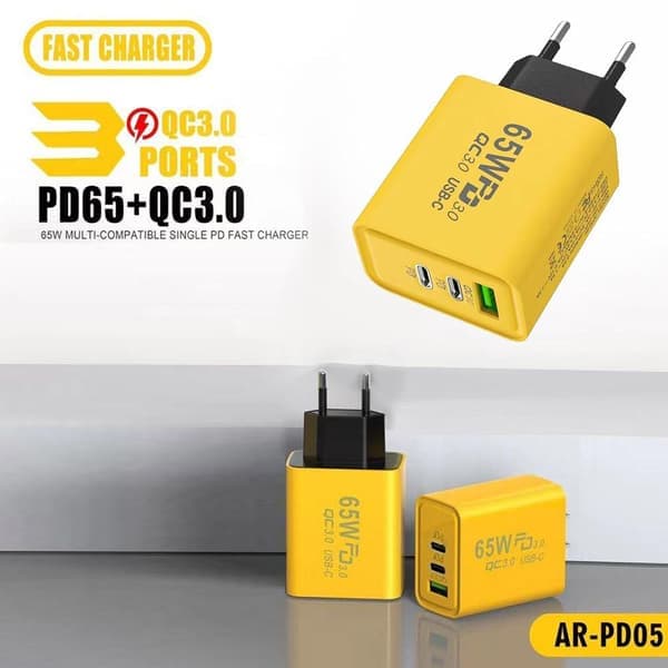 65W USB C Lader Hurtiglading EU Plugg PD USB-C Type-C Hurtiglading yelllowB EU PLUGG yelllowB EU PLUGG yelllowB EU PLUG