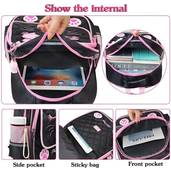 Barneskoletaske for jenter - Skolesekk - Svart - Vanntett og slitesterk nylon - 31 * 13 * 41 cm