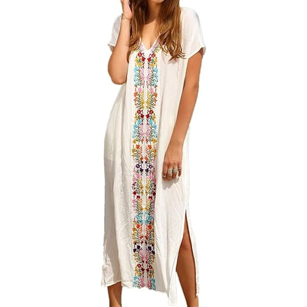 Sommar Bomull Broderad Blommig Lös Kaftan Boho Strand Bikini Cover Up Klänning Plus Size Morgonrock för Kvinnor