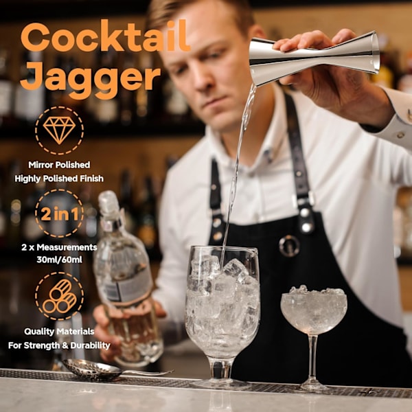 Cocktail Jigger i rustfrit stål - Professionel 10ml/20ml/30ml/45ml spiritusmåler til bartendere (Sølv)