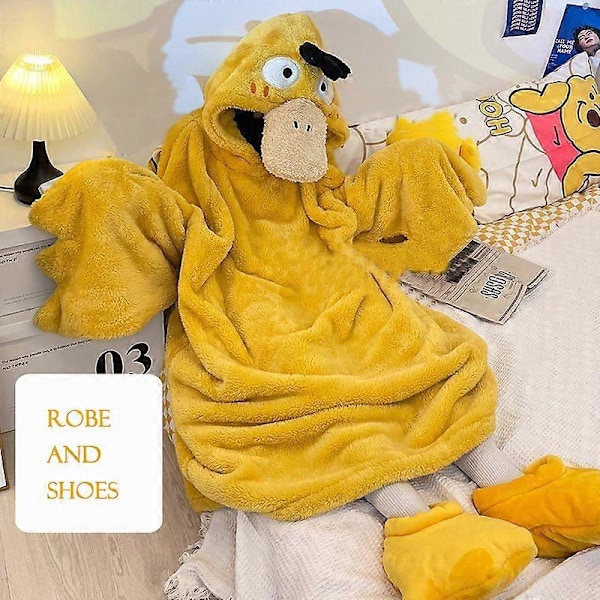 Sarjakuva Ankka Talvi Pyjama Aikuisille Onesie Huppari Hauska Pyjama Lämmin Mukava Kotiasu Lounge Tytöt Asuntola Cosplay Yöasu Psyduck Robe And Shoes L