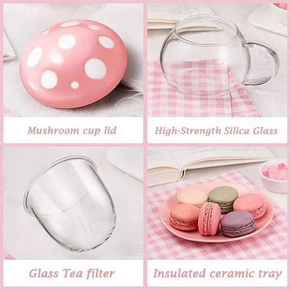 Glas Tekop Sød Svampe Krus, Klar Tekande med Keramisk Låg og Brik, Varmebestandig til Hjem og Kontor 290ml 272ml (Pink) Orange