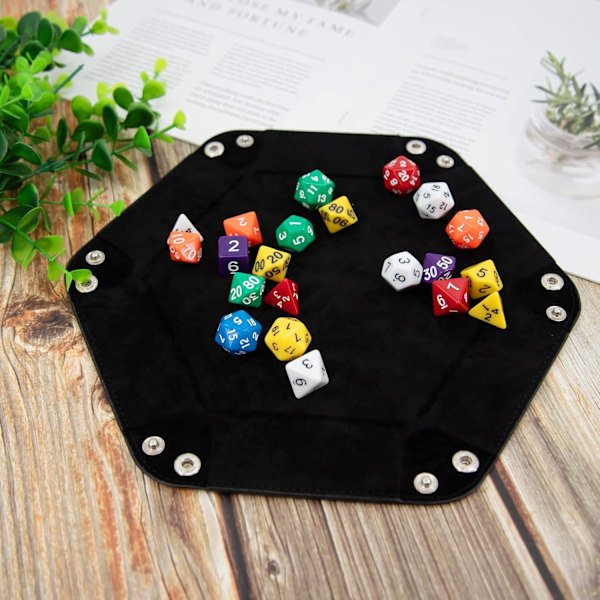 2 styk terningebakke sekskantet terning foldbar bakke PU læder fløjl terningeholder til terningespil som RPG, DND og andre bordspil, cyan og sort
