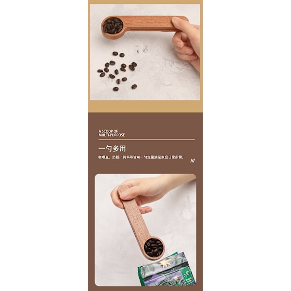 2 i 1 Kaffesked och Påsklämma i Trä - Espresso Kaffepåseförslutare - Lämplig för Malda Bönor, Kaffebönor och Löst Te