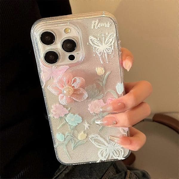 Etui til iPhone 15 Pro Max med 3D blomsterdekorasjon, glitterdesign, mykt TPU-telefondeksel