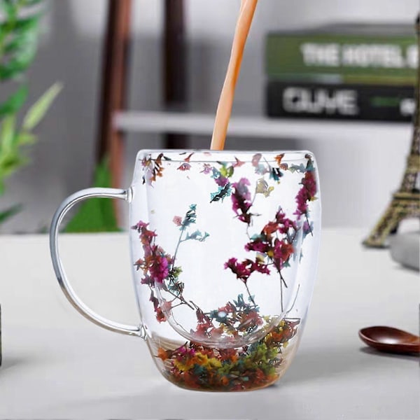 Torkade Blommor Dubbelväggig Klar Glas Kaffemugg 250/350ml Isolerad Glas Kopp för Varma Kalla Drycker Cappuccino Latte Espresso Kopp Unik Gåva för Kvinnor 250ml