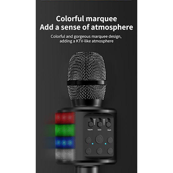 Karaokemikrofoni, langaton Bluetooth-mikrofoni lapsille LED-valoilla, kannettava karaokelaite laulamiseen, lelu/lahja tytöille ja pojille, KTV, kaiutin Black