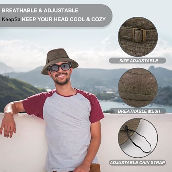 Solhatt i bomull UV-skydd Sommarhattar Strandhatt Safari Boonie Hatt Hopfällbar Fiskehatt med Andningsbart Mesh och Justerbar Hakrem Brown