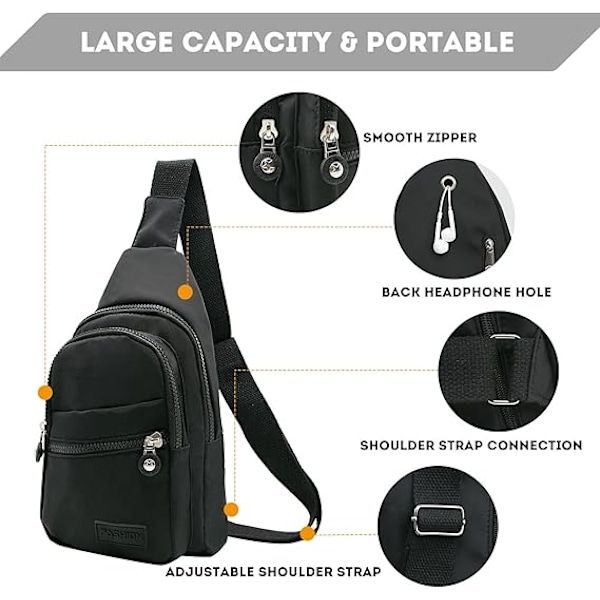 Lång Sling Bag Crossbody Väska för Kvinnor Män, Vattentät Axelväska, Liten Ryggsäck för Resor, Vandring, Löpning negro