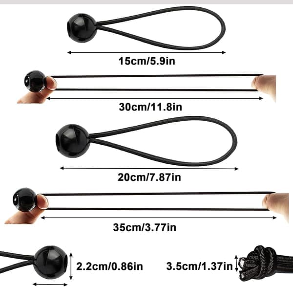 Sort kugleelastikreb - Pakke med 20, 15 cm - Elastikreb - Rebspænder - Elastikreb - Bruges til marine solskærm/hale/hale sort 15 cm