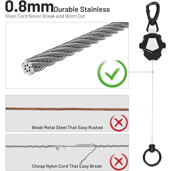 Udtrækkelig nøglering, kraftig udtrækkelig lanyard, med stålwire udtrækkelig ID-kortholder ((Sort Hvid)