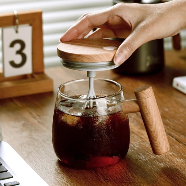 Självrörande mugg med lock, 400 ml elektrisk blandningskopp, självrörande kaffemugg, självrörande kopp i borosilikatglas