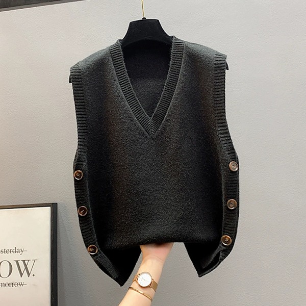 Dam Tröjväst V-ringad Ärmlös Pullover Tröja Stickad Västsida Knapp Asymmetrisk Ribbad Tanktopp
