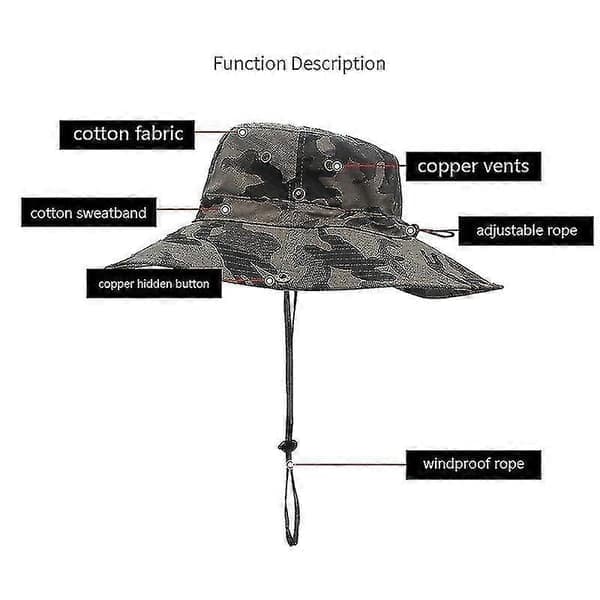 Åndbar Boonie Hat med bred skygge i camouflage, grå grey