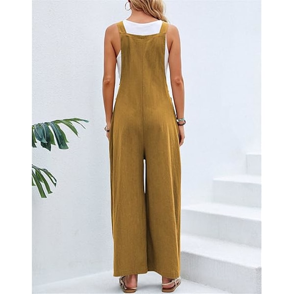 Linnedbukser til kvinder UK Wide Leg Jumpsuit med lomme Loose Fit Playsuits Sommer Boho Romper Ærmeløs Stroptop Overalls Yellow
