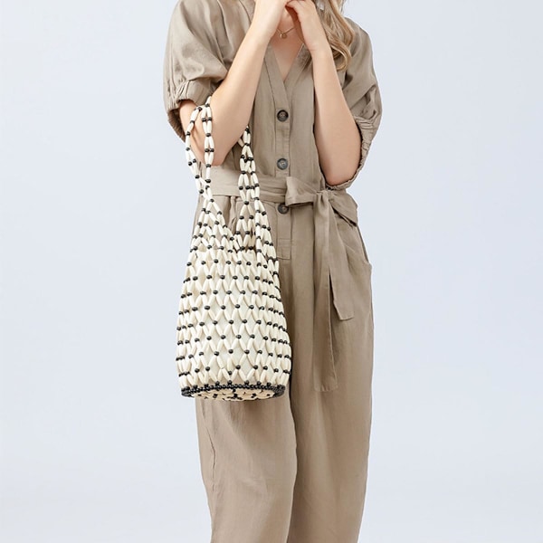 Retro Træ Skuldertaske Kvinder Vævet Perlebesat Håndtaske Udhulet Tote Taske Casual Strand Bucket Taske White