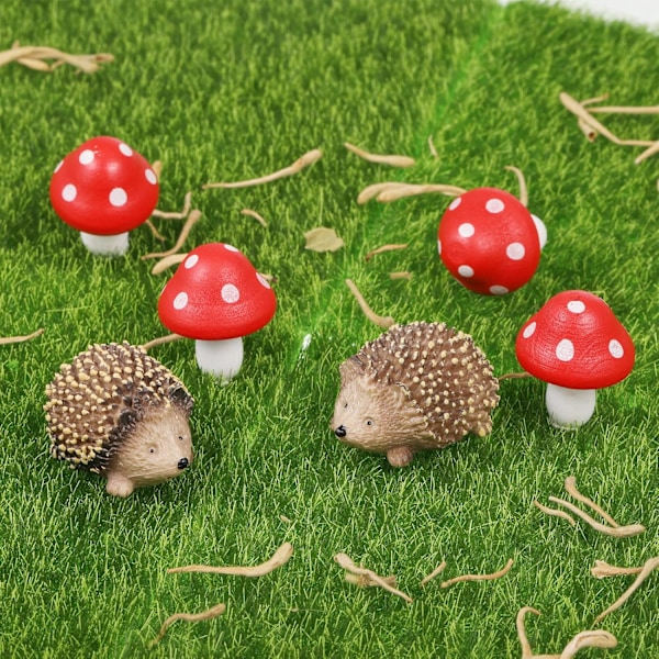 8-pak Miniature Have Tilbehør, 4 Miniature Resin Pindsvin og 4 Træsvampe, Eventyrhave Svampe