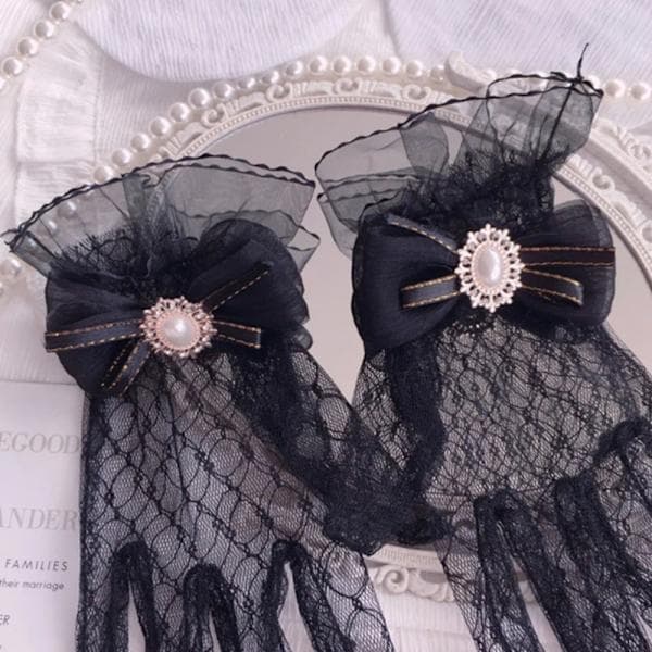 Sorte Hvide Blondehandsker Gotisk Lolita Mesh Sløjfehandske SORT Sort Black