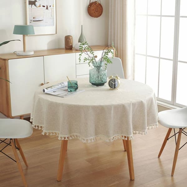 Beige rund duk 150 cm vaskbar lin bomullsduk rynkefri KLB