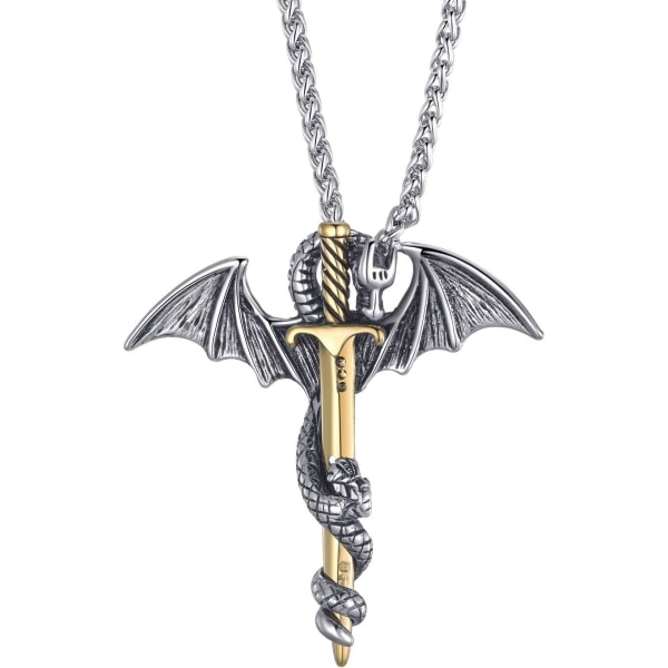 Sword Dragon Halsband för män och pojkar 24 tums länkkedja i rostfritt stål Gold