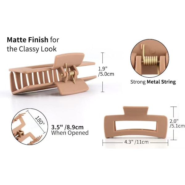 Hårklype for kvinner og jenter, matte hårklyper, 11 cm stor klype, sklisikre klyper med sterkt grep (Rektangel 4 stk)