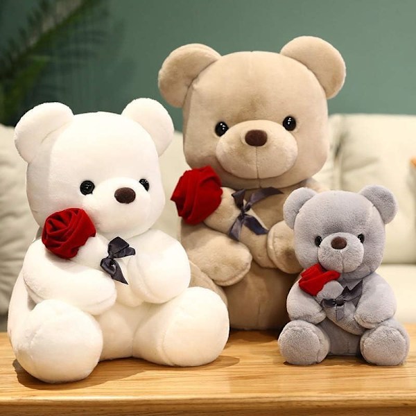 Wiztex Teeddy Bjørn 23cm Plys, Rød Rose Stof, Teddy Bjørn, Sorte Knapøjne, Smilende Teddy Bjørn