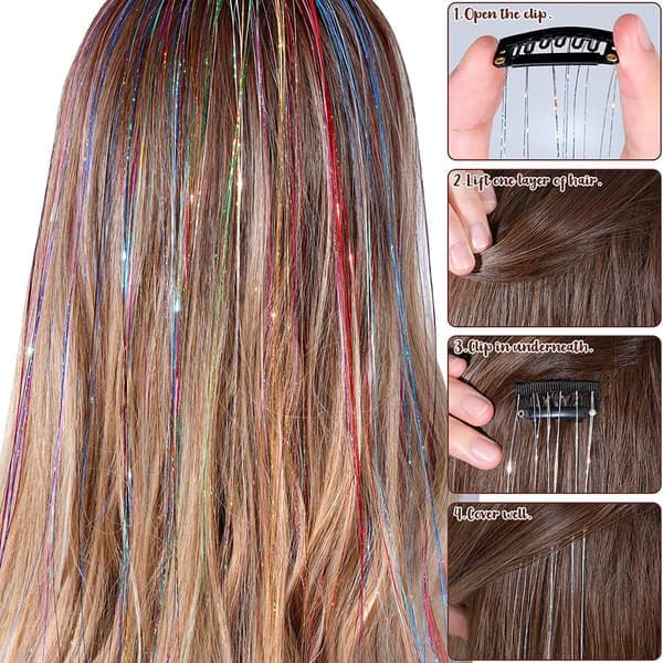 Clip-in Hår Glitter Extensions Sett for Halloween Cosplay Party Sølv Silver