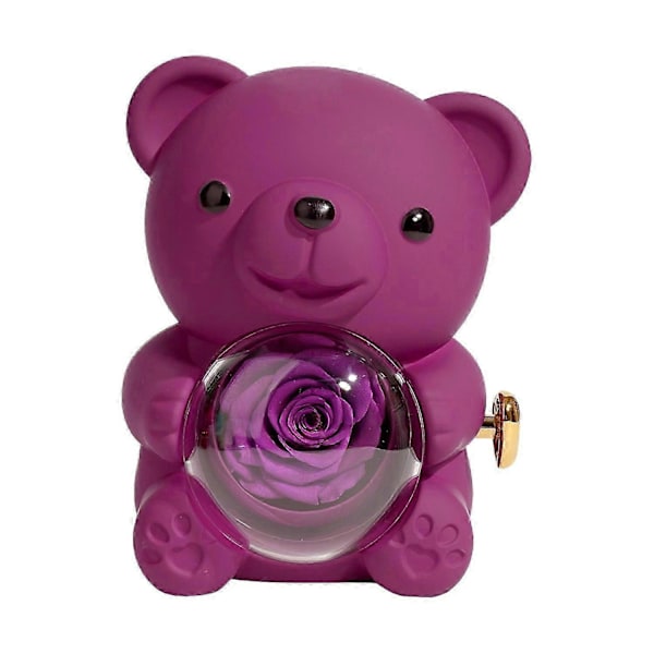 Konserverad Ros Nallebjörn Gåva med Hjärthalsband Roterbar Evig Blomma Björn Presentförpackning Fru Mamma Purple