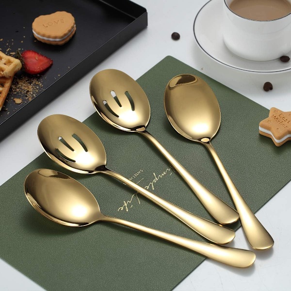 Guld Skeer 4 Stykker, Serveringsske, Inkluderer 2 Serveringsskeer og 2 Hulskeer, Serveringsredskaber i Rustfrit Stål Gold