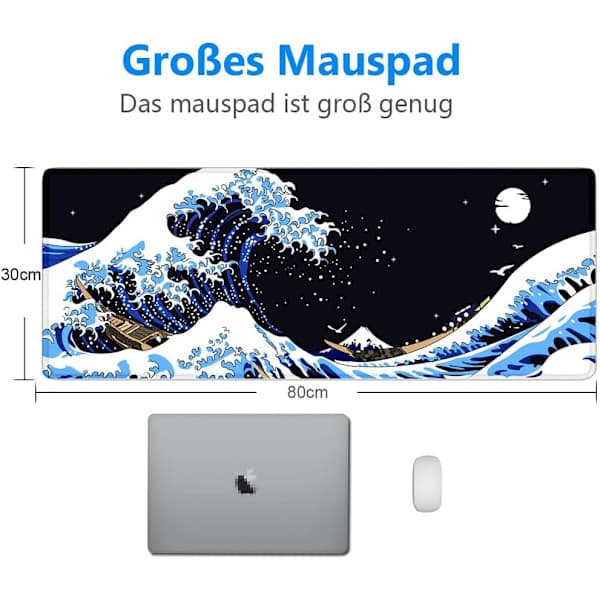 Gaming Musemåtte 800 x 300 mm Japan Kunst Kanagawa Surf og Sort M