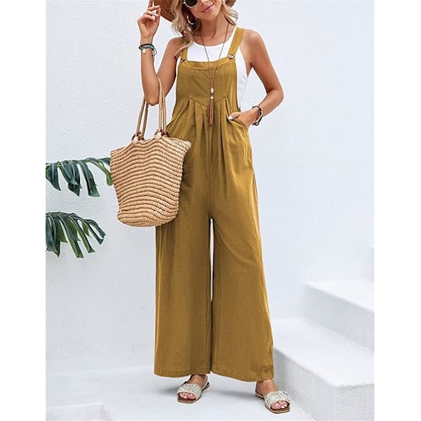 Linnedbukser til kvinder UK Wide Leg Jumpsuit med lomme Loose Fit Playsuits Sommer Boho Romper Ærmeløs Stroptop Overalls Yellow