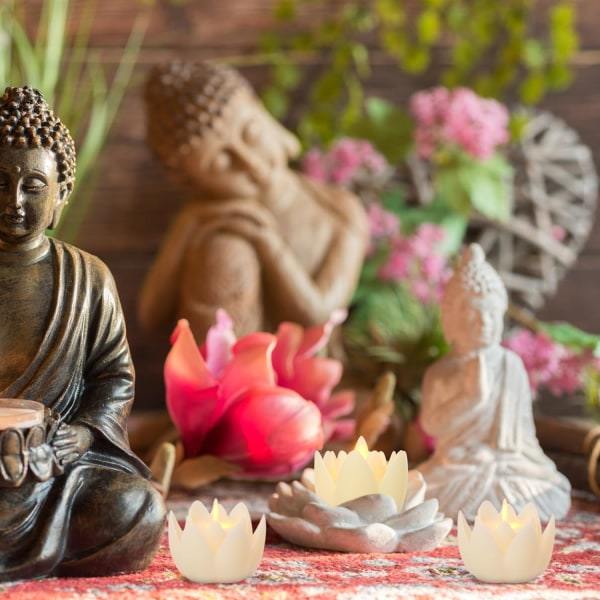6 kpl LED Lootus Pöytävalaisin, 7,5*3CM Lootuslamput Elektroninen Buddhalainen Kynttilä Paristokäyttöinen Buddha Välkkyvä Lämmin Valkoinen Valo